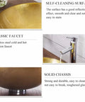 Bathroom Vessel Sink,Tempered Glass Sink Yellow Round Wash Basin Bowl, Artistic Vanity Sinks With Chrome Faucet And Pop Up Drain, showing polished gold sink surface and chrome faucet in detail.