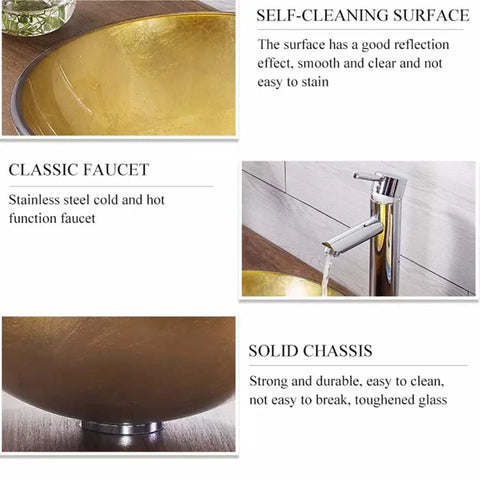 Bathroom Vessel Sink,Tempered Glass Sink Yellow Round Wash Basin Bowl, Artistic Vanity Sinks With Chrome Faucet And Pop Up Drain, showing polished gold sink surface and chrome faucet in detail.