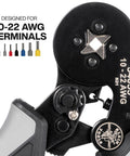 Close-up of Ratcheting Ferrule Crimping Tool Set With Square Crimper Pliers, showing 10 to 22 AWG compatibility.