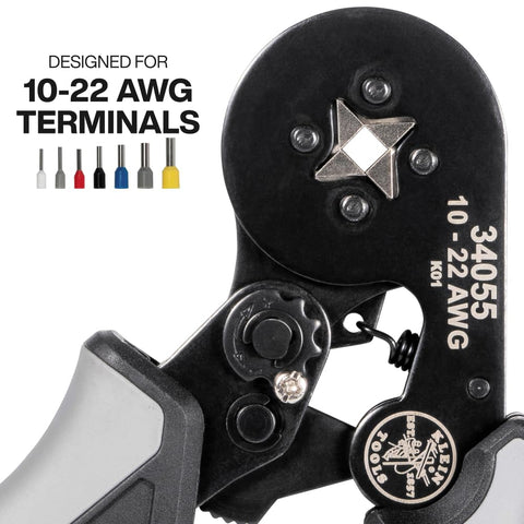 Close-up of Ratcheting Ferrule Crimping Tool Set With Square Crimper Pliers, showing 10 to 22 AWG compatibility.