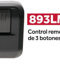 Close-up of LiftMaster 893LM, a 3-button black remote with text 'Control remoto de 3 botones'.