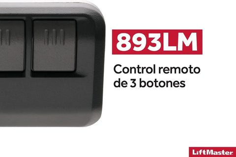 Close-up of LiftMaster 893LM, a 3-button black remote with text 'Control remoto de 3 botones'.