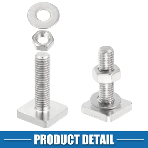 Heavy Duty M8 T Slot Bolts For Car Roof Racks, Premium Stainless Steel Track Fasteners With Nuts And Washers, Built Like A Tank Cargo Carrier Mounting Hardware, Pack Of Six, showing bolts, nuts, and washers.