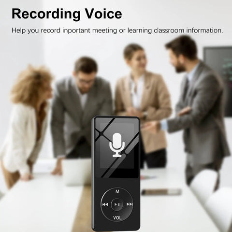 Pocket Size 32GB Bluetooth MP3 Player With Dope HiFi Sound, displaying voice recording feature in an office setting
