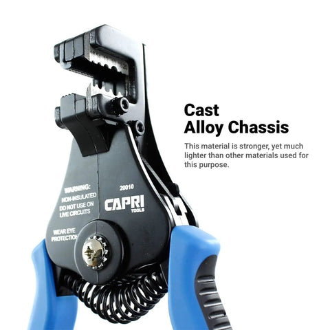 Self Adjusting Wire Stripper With Micro Adjust Knob for Clean Strips, durable nickel chromium steel, side view.