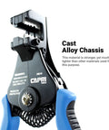 Precision Pro Grade Wire Stripper For 22 To 8 AWG Wires With Adjustable Setting, highlighted cast alloy chassis and spring
