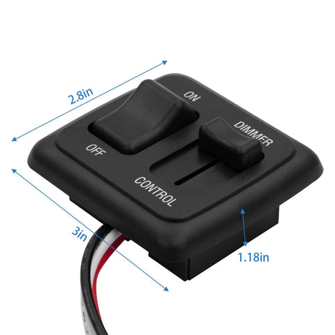 Badass 12V RV LED Dimmer Switch Large Black Slider with ON OFF and DIMMER controls, dimensions 3in x 2.8in x 1.18in.