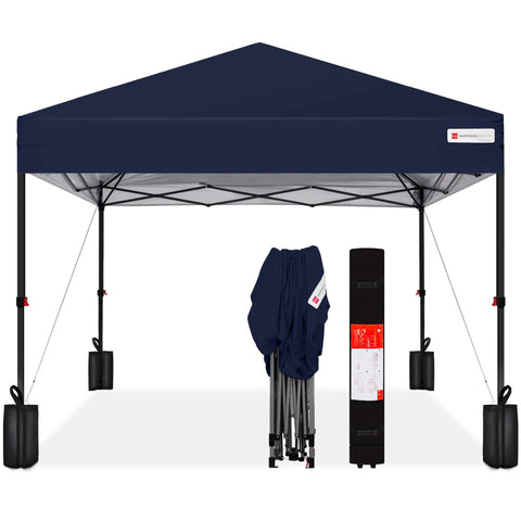 8x8ft Pop Up Canopy Tent For Fast Outdoor Shade No Fuss Setup One Person Setup In Under A Minute With One Push Button And No Pinch Height Adjustment Includes Carry Case And Four Weight Bags Navy Blue, canopy and accessories
