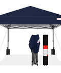 10x10 Foot Pop Up Canopy Tent With Grab-And-Go Quick One Person Setup In Under A Minute, Navy Blue, with weights and carry case