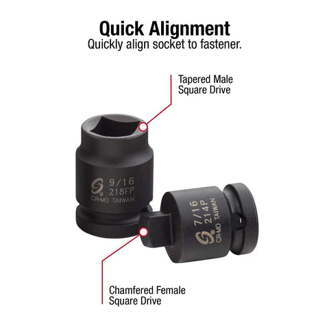 Eight Piece Chromoly Steel Socket Set For Half Inch Drive SAE Seven Sixteenths To Five Eighths, Tapered Male and Chamfered Female Sockets