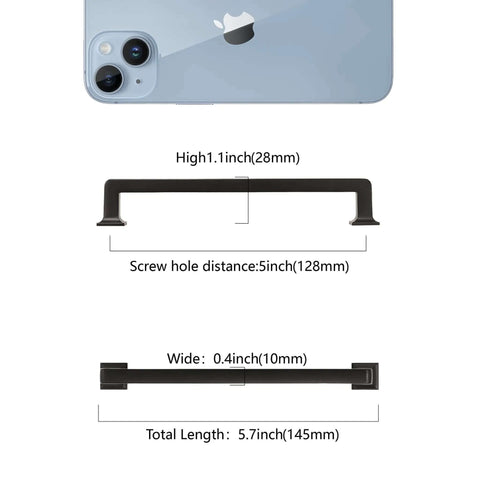 Solid Matte Black Cabinet Pulls Ten Pack Five Inch Center To Center Drawer Handles showing dimensions and design.