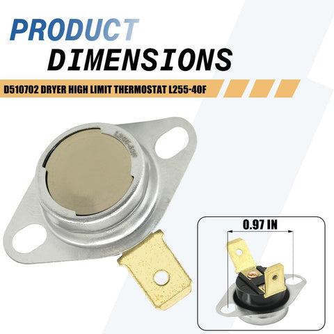 2 Pack Dryer High Limit Thermostat L255-40F For 510702 Replacement Replaces 61886 AP6285127 with dimensions