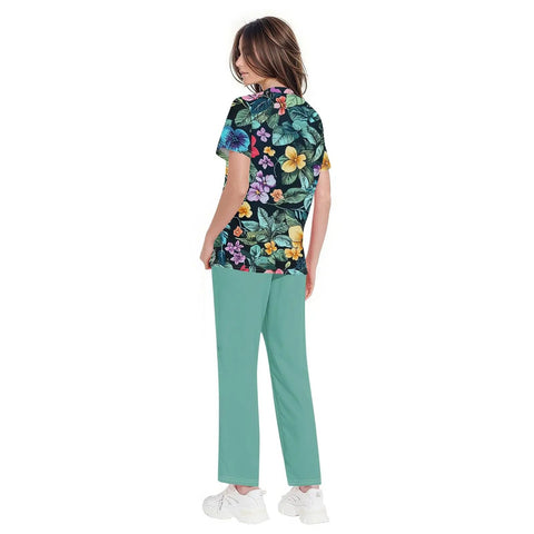 Ultra Comfy Women Nursing Scrubs Set Buttery Soft Stretch Joggers With Deep Pockets Anti Wrinkle Medical Work Uniform Top In Green, floral scrub top and green joggers.