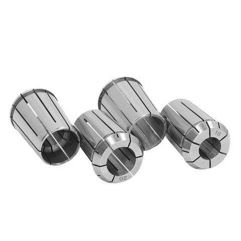 4 Piece Spring Steel Collet Set For CNC Milling Lathe Drilling And Engraving With OZ25 Collets 16 18 20 25 Mm And Wrench Tough Grip Tooling For Precise Clamping And Less Vibration For Smooth Cuts. Three spring steel OZ collets shown on white background