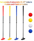 Two Way Mini Golf Putter Set Four Pack With Adjustable Length Includes Four Balls Right Or Left Handed Golf Putters For Kids Teens Grownups Multicolor Bulk Golf Training Kit For Practice And Fun showing four colorful putters and balls.