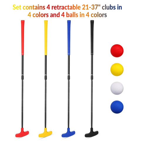Two Way Mini Golf Putter Set Four Pack With Adjustable Length Includes Four Balls Right Or Left Handed Golf Putters For Kids Teens Grownups Multicolor Bulk Golf Training Kit For Practice And Fun showing four colorful putters and balls.