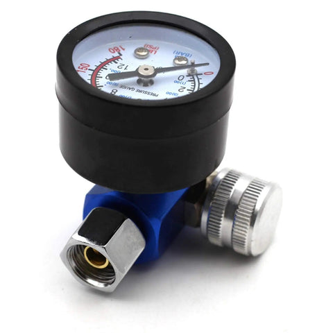 Pro Air Pressure Regulator With Gauge For Spray Paint And Pneumatic Tools Quarter Inch Thread Adjustable To 12 Bar 180 Psi close-up view of gauge and connector.
