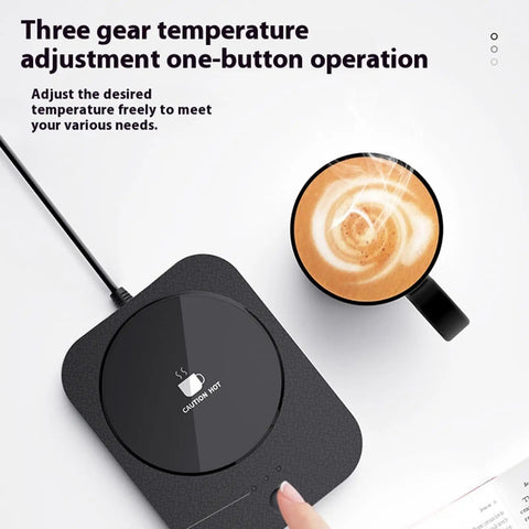 Versatile Electric Cup Warmer With Three Distinct Temperature Levels, sleek black design with hot coffee mug above.