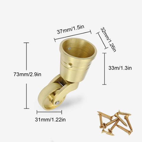 Top Shelf 4 Pack Solid Brass Casters showing 360 degree swivel design and dimensions with mounting screws.