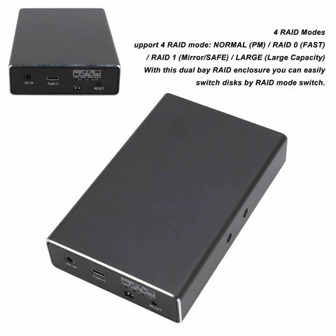 Heavy Duty 2 Bay Sata Raid Enclosure Supports 2.5 Inch Drives Via Usb 3.1 Type C Connection, sleek black chassis with connectivity ports.