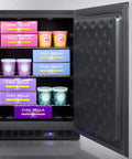 Undercounter Upright Freezer With Sleek Stainless Steel Finish ZeroFuss FrostFree Operation Smartly Engineered For 24 Inch Spaces showing colorful ice cream pints.