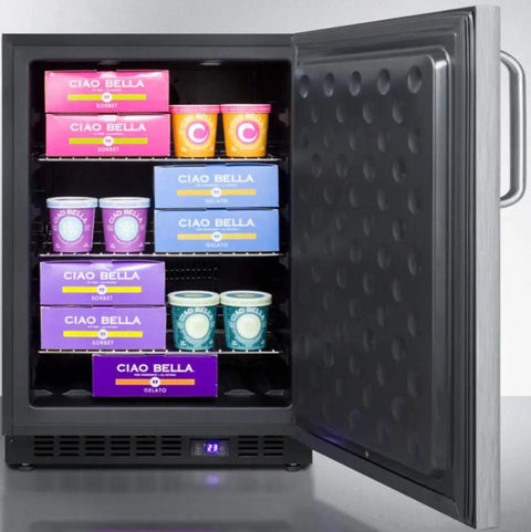 Undercounter Upright Freezer With Sleek Stainless Steel Finish ZeroFuss FrostFree Operation Smartly Engineered For 24 Inch Spaces showing colorful ice cream pints.