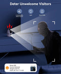 2.5K Indoor WiFi Security Camera alerts intruder with AI detection and siren, showing smart home surveillance at night