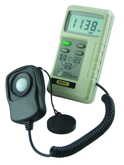 Digital Light Meter DLM2000 Lux Meter For Photo Shoots And Studio Use Reads Lux Or Foot-Candles 0 To 20000 Lux 0 To 2000 FC Min Max Memory Data Hold 3-1/2 Digit LCD Easy Read Display Compact Off White Sensor Probe