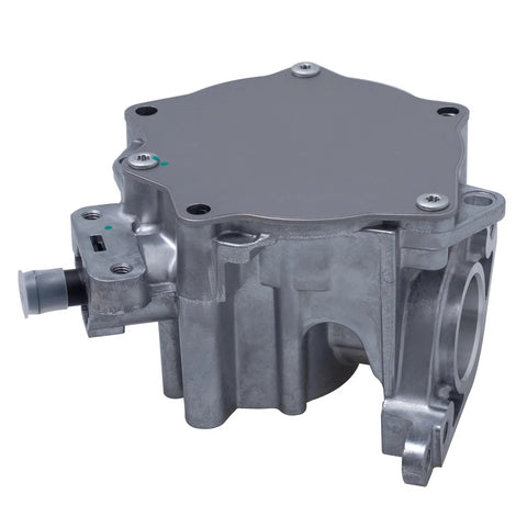 Brake vacuum pump with aluminum housing and gray top cover, angled front view.