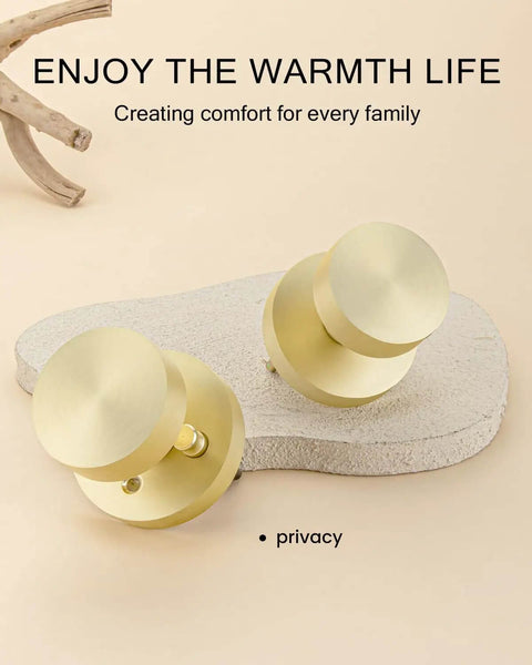 Brushed Gold Privacy Door Knobs Set, heavy-duty zinc alloy, round ball design on textured background, ideal for bedroom and bathroom.