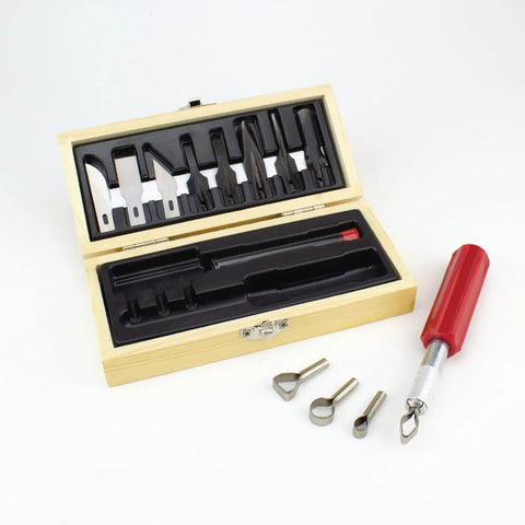 14 Piece Woodworking Set With K5 Handle, Assorted Blades, Gouges And Routers, Handy Storage Case, Pro Grade Craft Knife Kit Displayed