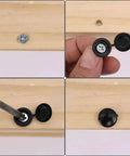 Multi-Function Hinged Screw Cover Caps Set For Self-Tapping Screws, Decorative Black Caps, 100 Piece Pack, ABS Plastic on wood