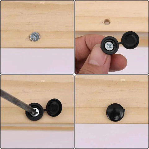 Multi-Function Hinged Screw Cover Caps Set For Self-Tapping Screws, Decorative Black Caps, 100 Piece Pack, ABS Plastic on wood