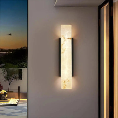 Modern Linear Wall Sconce Imitated Marble LED Wall Light,Warmth, sleek vertical design, premium marble texture, warm lighting.