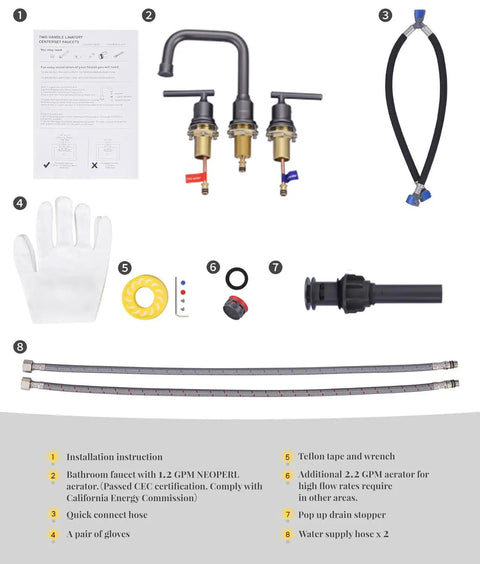 Dark Grey Widespread Brass Bathroom Faucet Set 3 Hole Vanity Tap With Drain And Supply Lines 2 Handle Basin Mixer Taps components