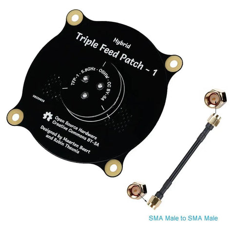 Image of 5.8GHz FPV Triple Feed Patch Antenna with 9.4dBi Gain and SMA Male to SMA Male Cable Adapter.
