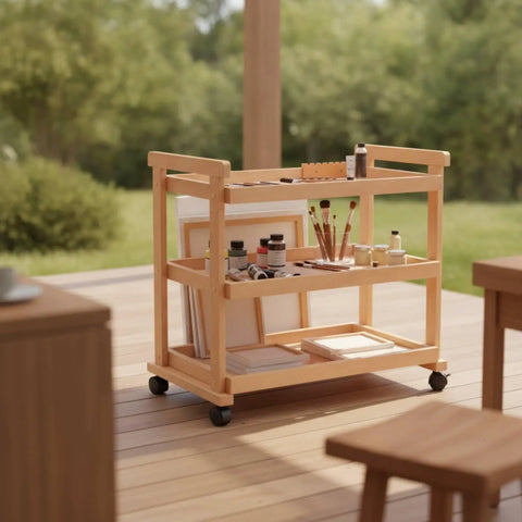 Hassle Free Beech Wood Rolling Art Supply Cart Four Tier Studio Organizer With Smooth Glide Casters Wide Utility Trolley Craft Station with storage