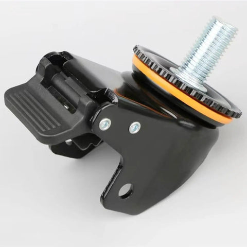 Close-up of Beefy Heavy Duty M Threaded Stem Swivel Caster Wheels With Brakes Quiet PU Wheels, showcasing threaded stem and brake pedal.