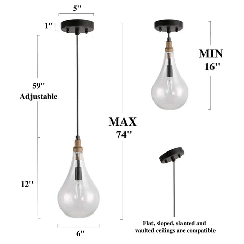 Cozy Rustic Farmhouse Wood And Glass Pendant Light For Kitchen Island And Dining Room With Teardrop Mouth Blown Glass dimensions