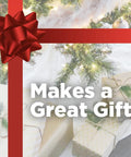 Gift packages under a Christmas tree with a red bow and text 'Makes a Great Gift'