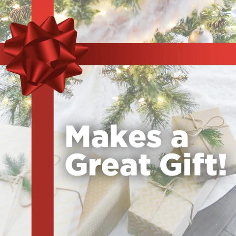 Gift packages under a Christmas tree with a red bow and text 'Makes a Great Gift'