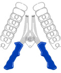14 Piece Miter Spring Clamp Kit For Woodworking With Miter Pliers And 12 Clamps Plus Storage Ring, blue-handled pliers and clamps.