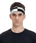 Fresh Black And White Piano Grid Print Sweatband Headband With Dope Stretchy Polyester Fabric For All Day Workout Comfort And Gym Vibes Plus Reliable Grip That Keeps Hair Back During Intense Training Sessions on a model.