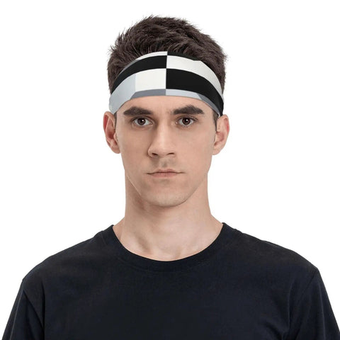 Fresh Black And White Piano Grid Print Sweatband Headband With Dope Stretchy Polyester Fabric For All Day Workout Comfort And Gym Vibes Plus Reliable Grip That Keeps Hair Back During Intense Training Sessions on a model.