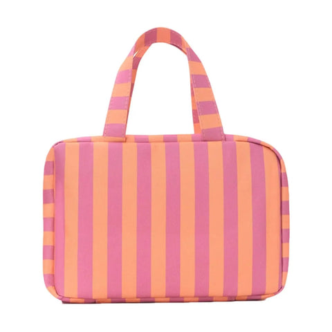 Water Resistant Cosmetic Bag With Leak Proof Pockets, Compact Toiletry Carrier in striped pattern, exterior view