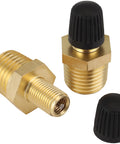 1/4-Inch MNPT Male Tank Valve With Protective Caps Pack Of 2, shown with brass threading and black caps for 200 PSI air compressors.