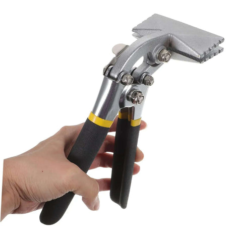 Metal Bender Hand Seamer Tool With Straight Jaw Pliers for roofing and sheet metal projects, shown in hand for size reference.