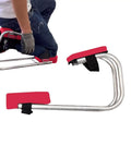 Garden Knee Seat Kneeler Stool With Strap showing user kneeling on steel frame with red EVA knee pad for gardening tasks
