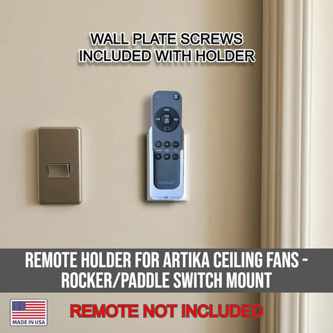 Wall Mount Remote Holder For Ceiling Fan Remotes REM-ARTC-1 REM-ARTC-2 With Easy Install Mounting Hardware next to switch