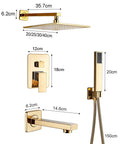 Slick Wall Mount Shower Kit With Led Glow And Tub Spout Boasting Crisp Square Rainfall Head, detailed measurements shown.